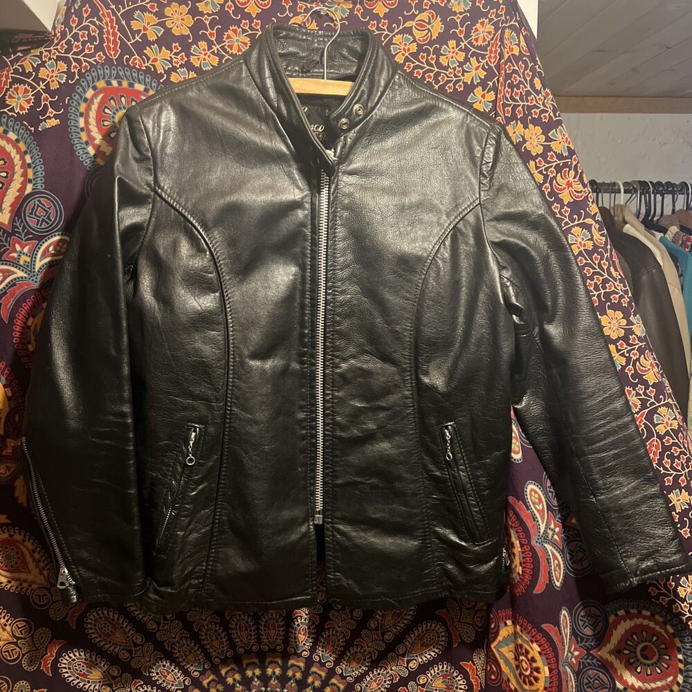 Vintage Lesco Leather Jacket Black 60s Serval Zipper Rare Cafe Racer T Back